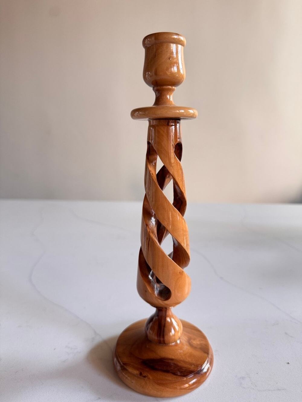 Vtg Hand Carved Bethlehem Olive Wood Open Spiral Twist Candlestick Holder 8.5”